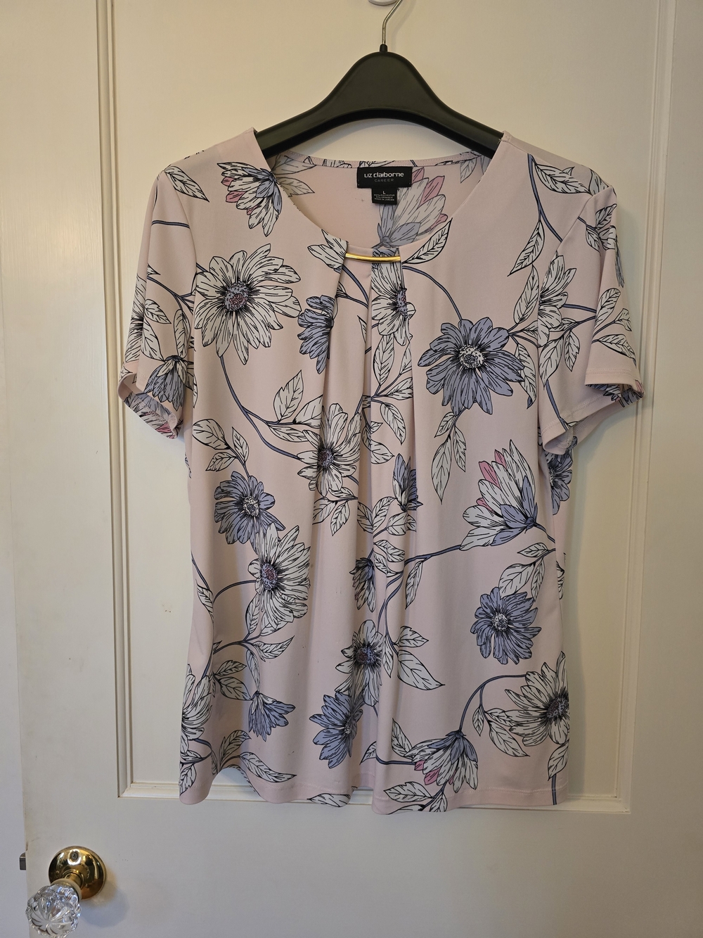 Liz Claiborne Light Pink With Blue Floral Short-Sleeve Blouse LARGE
